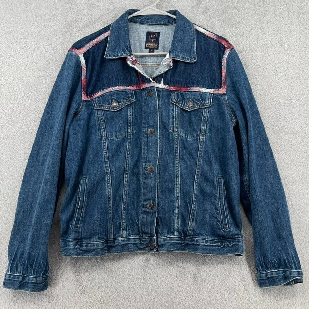 Gap x Pendleton Jacket Women XL Blue Denim Jean Icon Plaid Trim Heritage Western